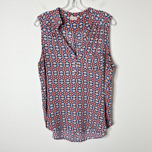 Pixley Women's Sleeveless Top L Ikat Print Blue Red 1/4 Button V-Neck Tank Rayon - Picture 2 of 7